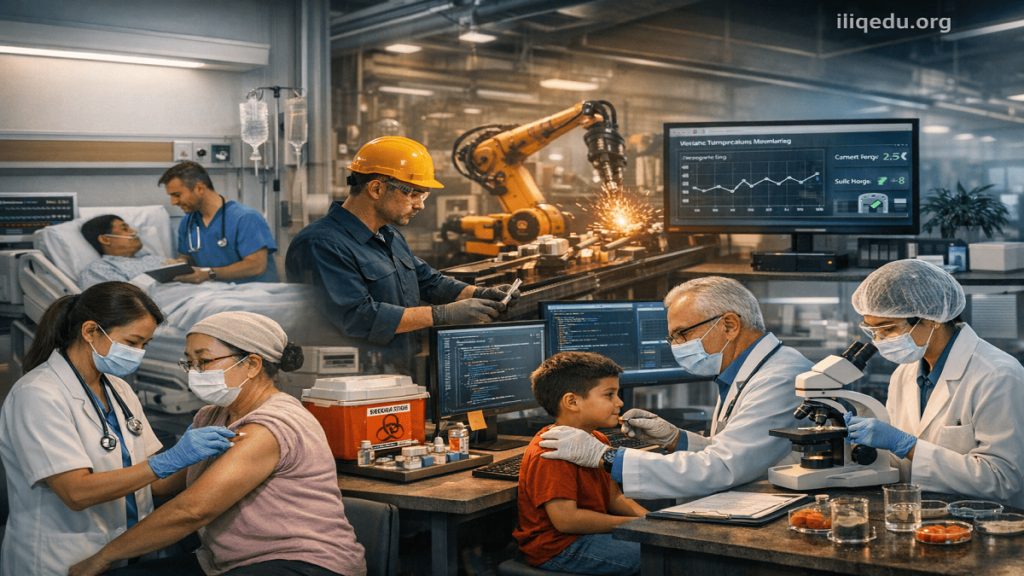 Visual showing professionals from healthcare, manufacturing, IT, and food industries with sections representing standards, processes, and outcomes in quality management.