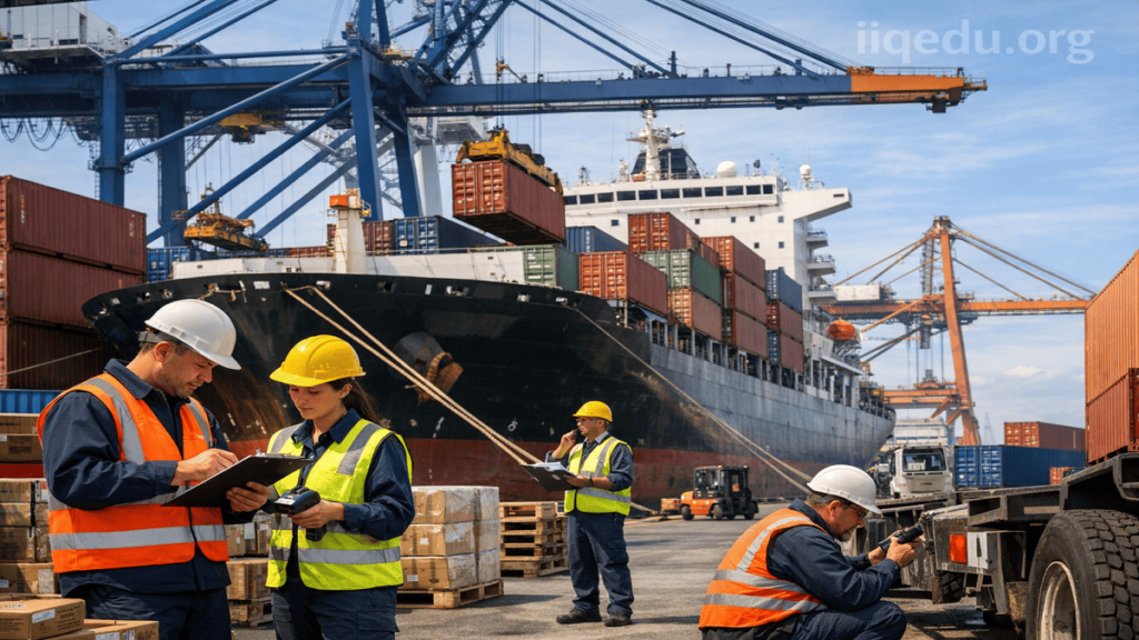 A modern container ship at sea with crew inspecting cargo on deck, emphasizing maritime quality control. Semi-transparent watermark ‘iiqedu.org’ in the top-right corner.