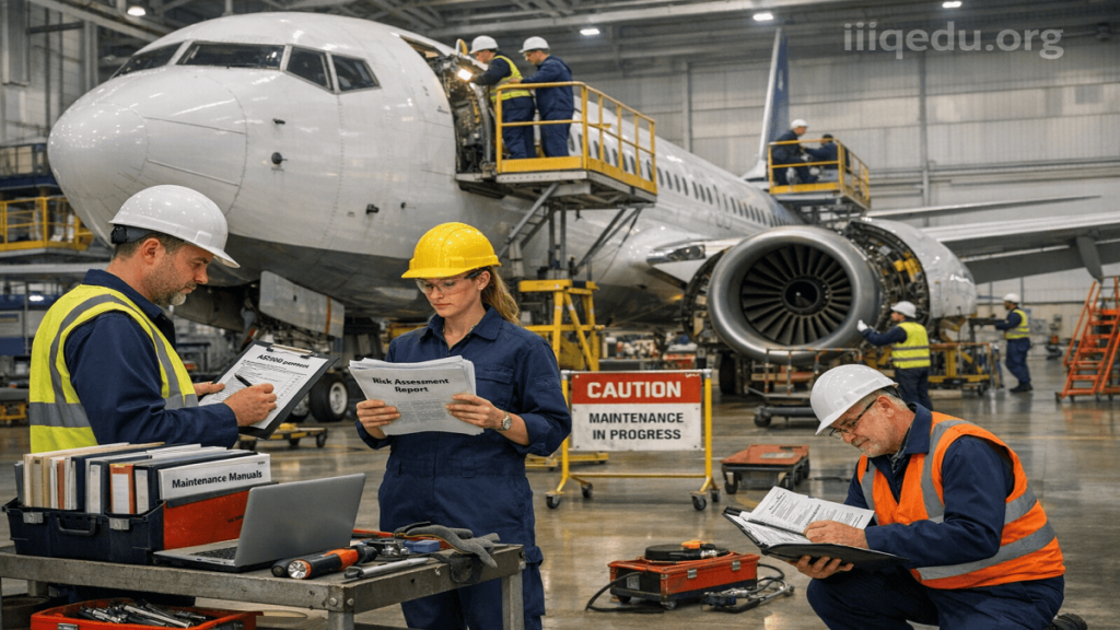 Quality in Aerospace (AS9100). Engineers conducting maintenance and inspection on a commercial aircraft inside a hangar, showcasing AS9100 quality management procedures.