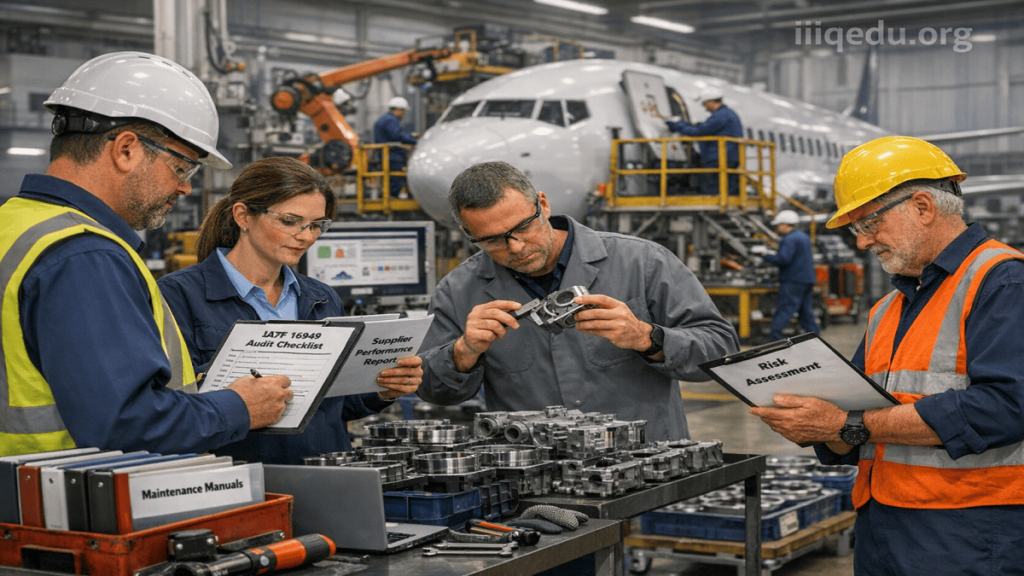 This visual shows engineers in safety gear inspecting automotive components on an advanced assembly line. It emphasizes IATF 16949 practices including standardized procedures, process monitoring, risk mitigation, and defect prevention.. Engineers inspecting automotive components on an assembly line in a manufacturing plant, demonstrating IATF 16949 quality management practices.