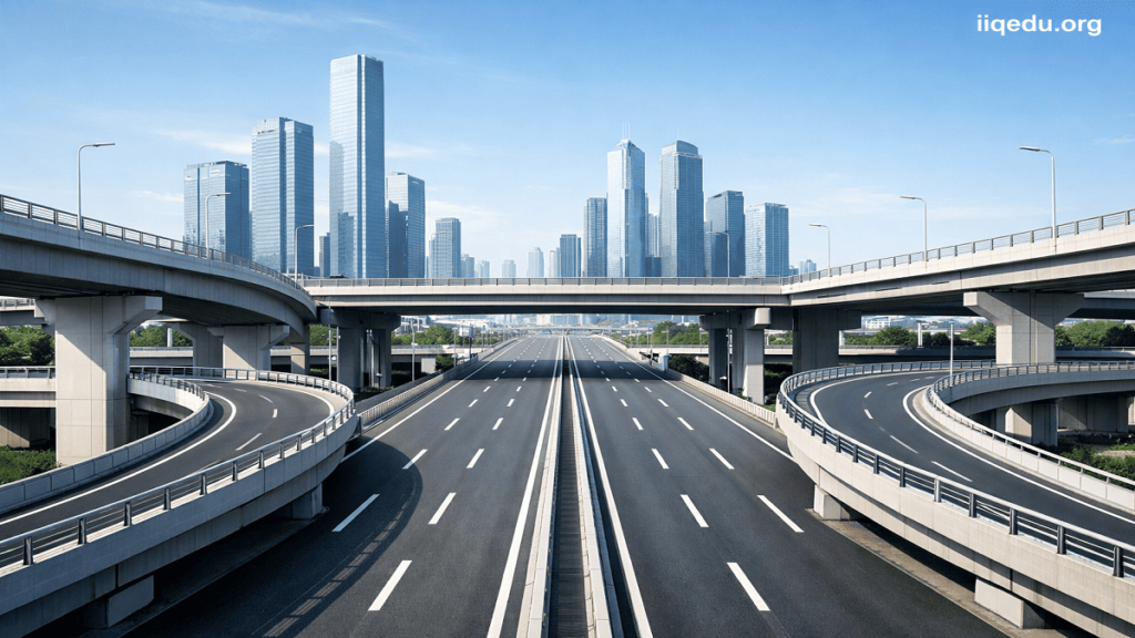 Modern city infrastructure with well-built highways, bridges, and skyscrapers showing high construction quality