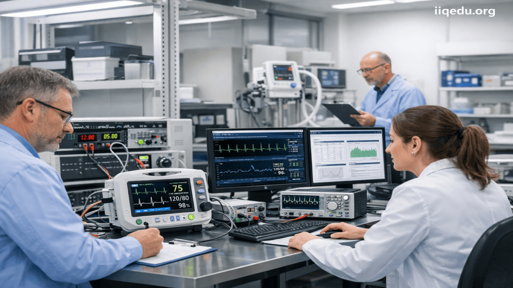 Quality in Medical Devices (ISO 13485). Engineers testing medical devices in a laboratory using advanced equipment and monitoring systems