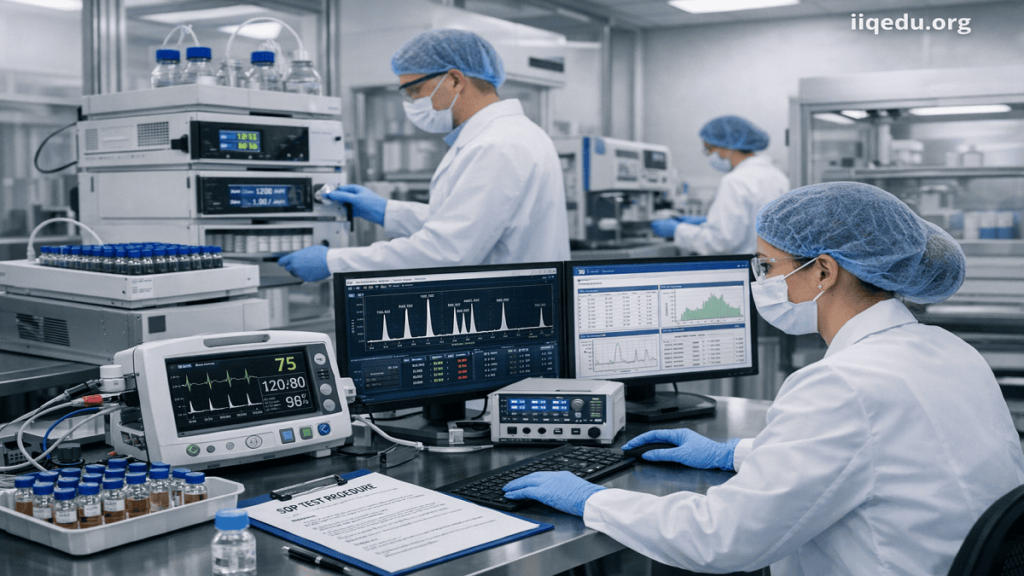 Quality in Pharmaceuticals. Engineers conducting automated quality testing of drug samples using digital instruments and computer systems in a modern lab.
