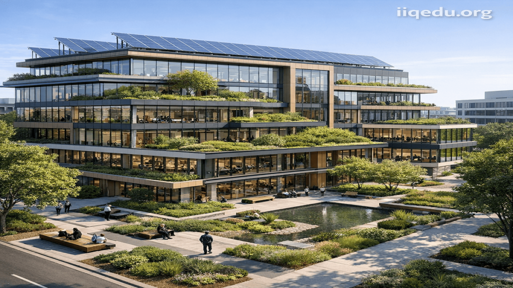 “Modern sustainable building with energy-efficient design and eco-friendly materials.”