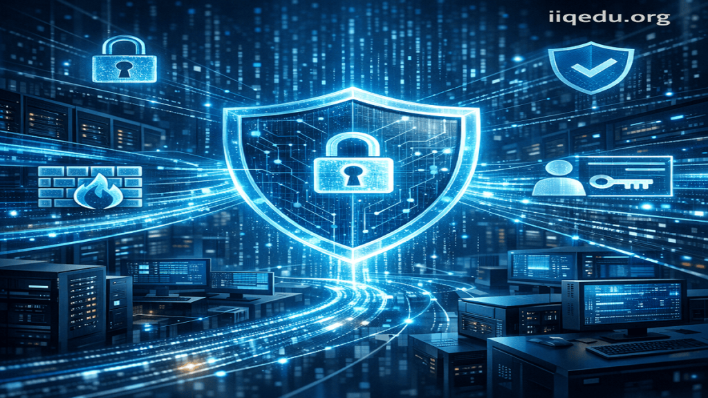 Information & Cybersecurity Quality. A digital shield protecting a network of interconnected devices, symbolizing information and cybersecurity quality.