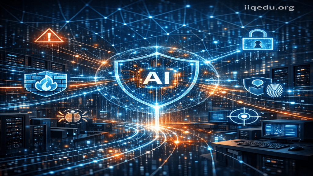 Futuristic cyber audit environment showing a human auditor interacting with an AI-powered interface, holographic dashboards, and glowing network connections