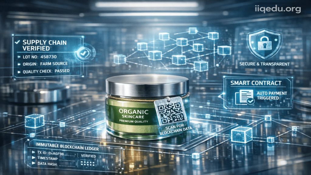 Blockchain for Quality Traceability. Modern supply chain visual showing blockchain nodes connecting raw materials, manufacturing, logistics, and retail, with human operators monitoring digital dashboards and automated smart contracts.