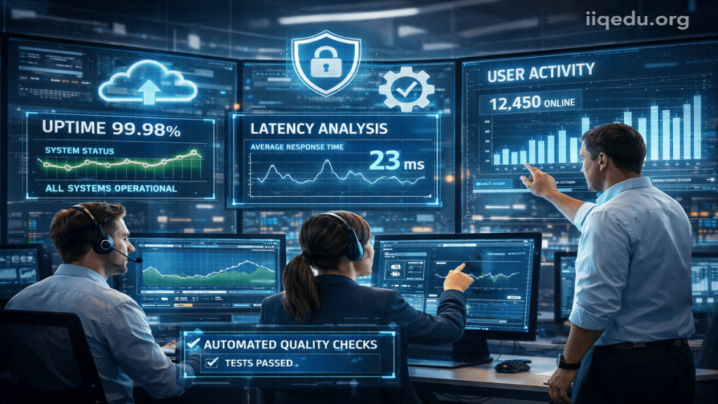 Team analyzing SaaS performance metrics on large screens, showing uptime, latency, and security shields, with watermark 'iiqedu.org' in top-right corne