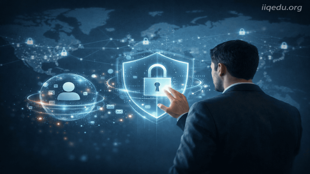 A person interacting with a digital interface securing personal data with encryption and global network connections