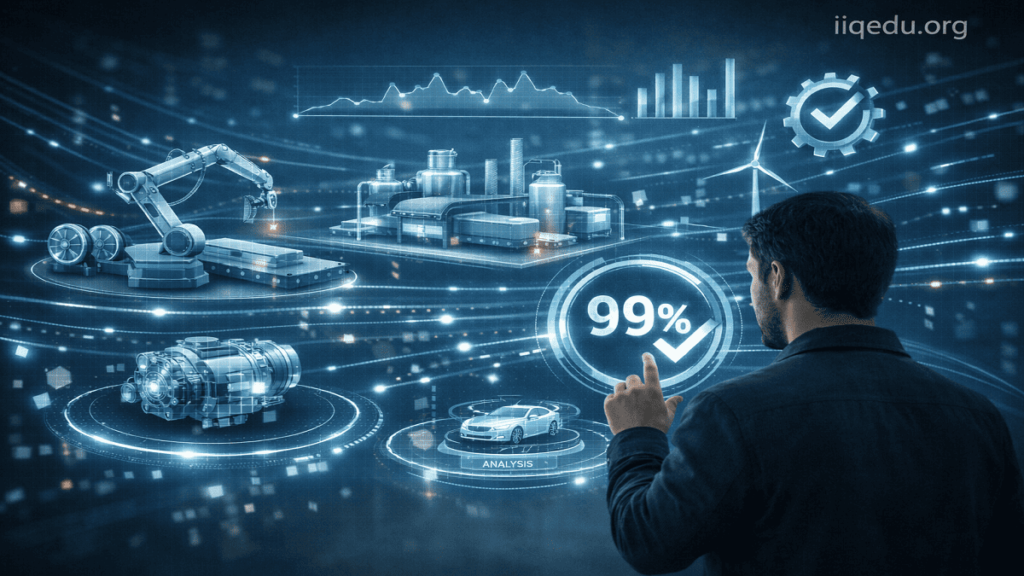 Virtual 3D interface displaying interconnected systems, machinery, and quality metrics for real-time monitoring