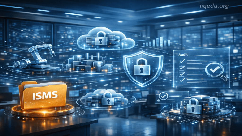 Futuristic workspace with floating secure cloud servers, digital folder labeled 'ISMS', holographic audit checklists, shield icons, watermark 'iiqedu.org' in top right
