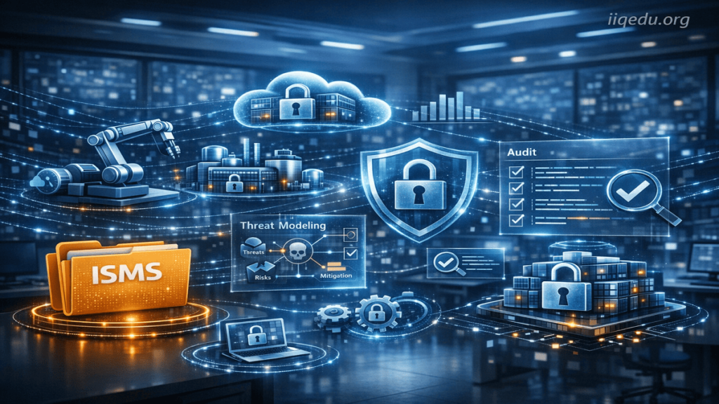Futuristic 3D workspace with floating ISMS folders, holographic threat modeling diagrams, secure code snippets, and shield icons, watermark 'iiqedu.org' in top right
