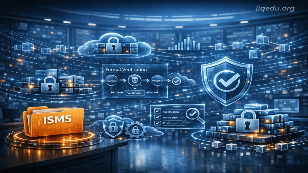 Smart Contracts & Quality Verification. Futuristic 3D visualization of smart contract quality verification with holographic code, ISMS folders, formal verification diagrams, and shield icons, watermark 'iiqedu.org' in top right