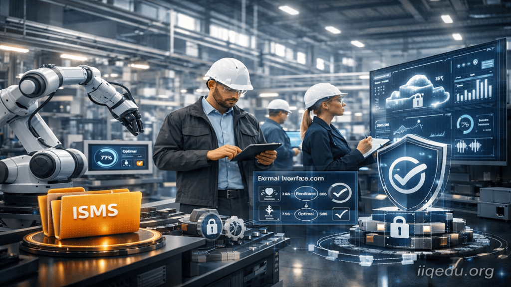 Modern industrial factory with autonomous robots assembling products, IoT sensors monitoring processes, and engineers inspecting digital interfaces, highlighting technology quality.