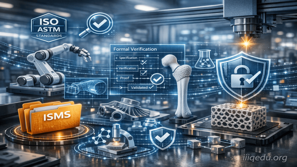 3D Printing & Additive Manufacturing Standards. 3D printed aerospace and medical parts with a digital overlay showing ISO/ASTM standards, quality checks, and material analysis, watermark: "iiqedu.org".