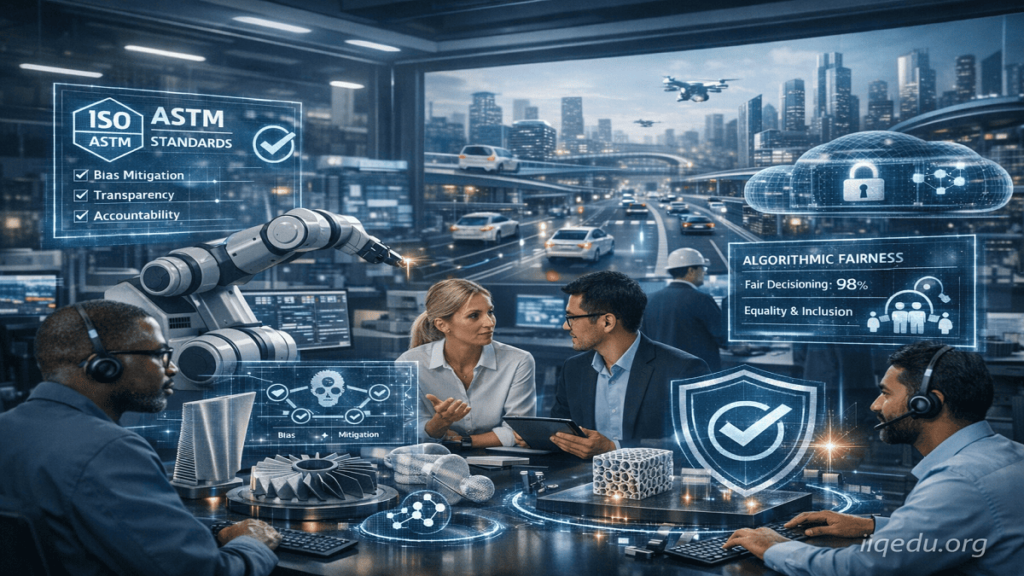 AI Ethics & Algorithmic Fairness. Smart city control room showing AI fairness metrics on holographic displays.