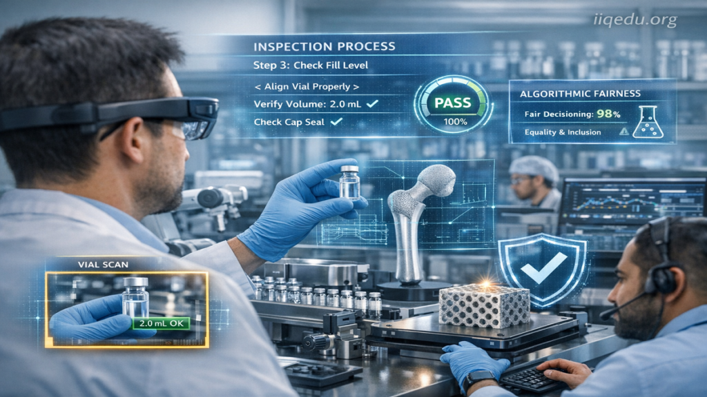 AR/VR in Quality Training. Lab technician wearing AR smart glasses performing quality inspection on pharmaceutical vials with real-time digital overlays.
