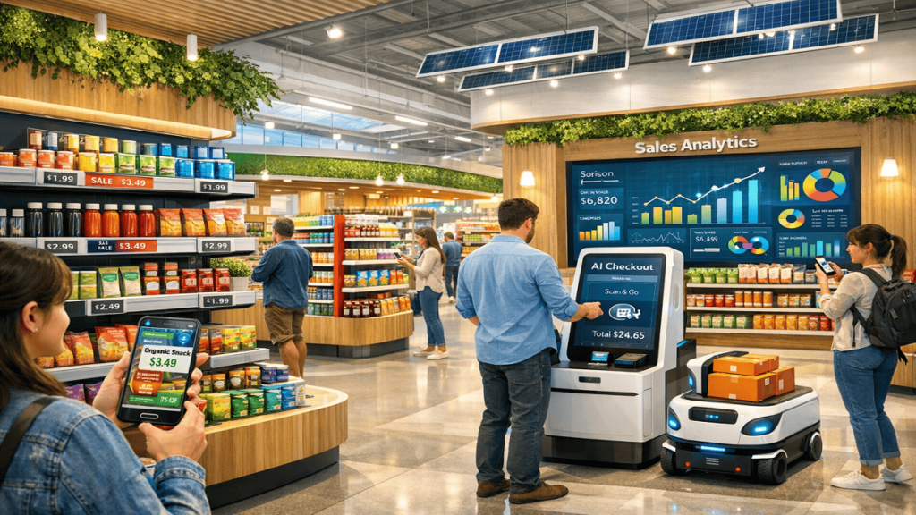 "Futuristic retail store with smart shelves, AI checkout kiosks, and customers interacting with augmented reality shopping apps."