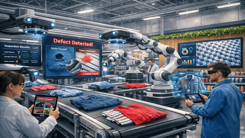"Automated apparel quality inspection system with AI cameras scanning garments, robotic arms handling clothes, and screens displaying defect detection analytics."