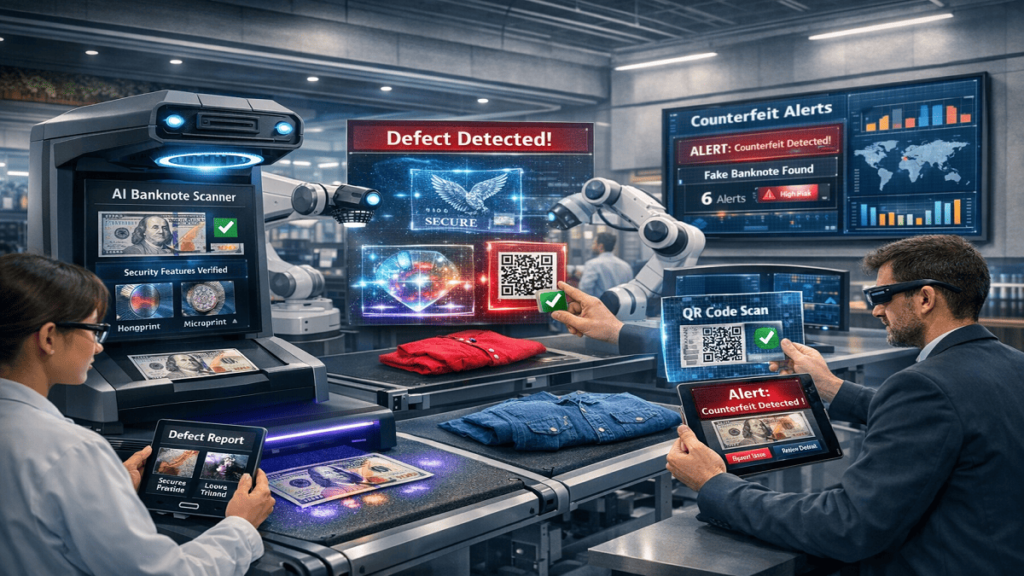 "Advanced counterfeit detection system using AI scanners, holographic labels, QR code verification, and UV light inspection."