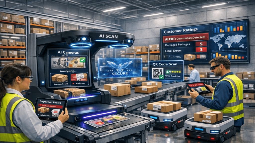 "AI-driven e-commerce quality inspection with packages on conveyor belts, employees using tablets, and digital dashboards displaying product checks."
