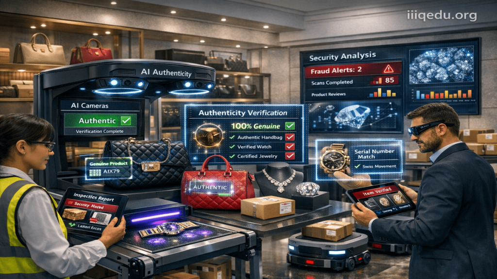 "Luxury goods authentication using AI scanners, UV light, holographic labels, and expert verification, with watermark 'iiqedu.org' in the top right corner."