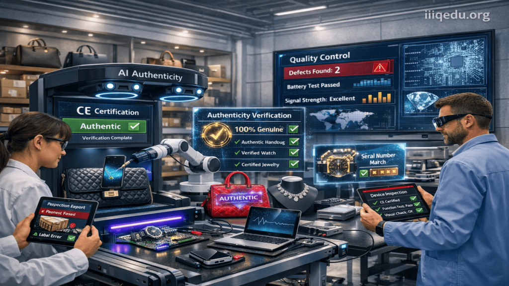 "Electronics quality testing lab showing CE marking compliance, engineers inspecting devices, with watermark 'iiqedu.org' in the top right corner."