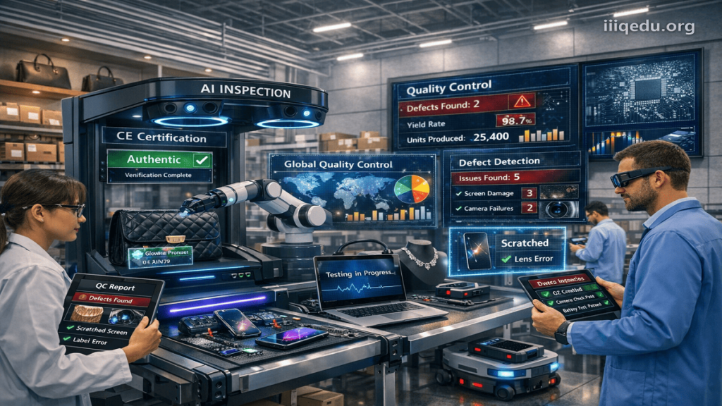 "Mobile phone quality control lab with AI inspection, robotic arms, and global QC dashboards, with watermark 'iiqedu.org' in the top right corner."