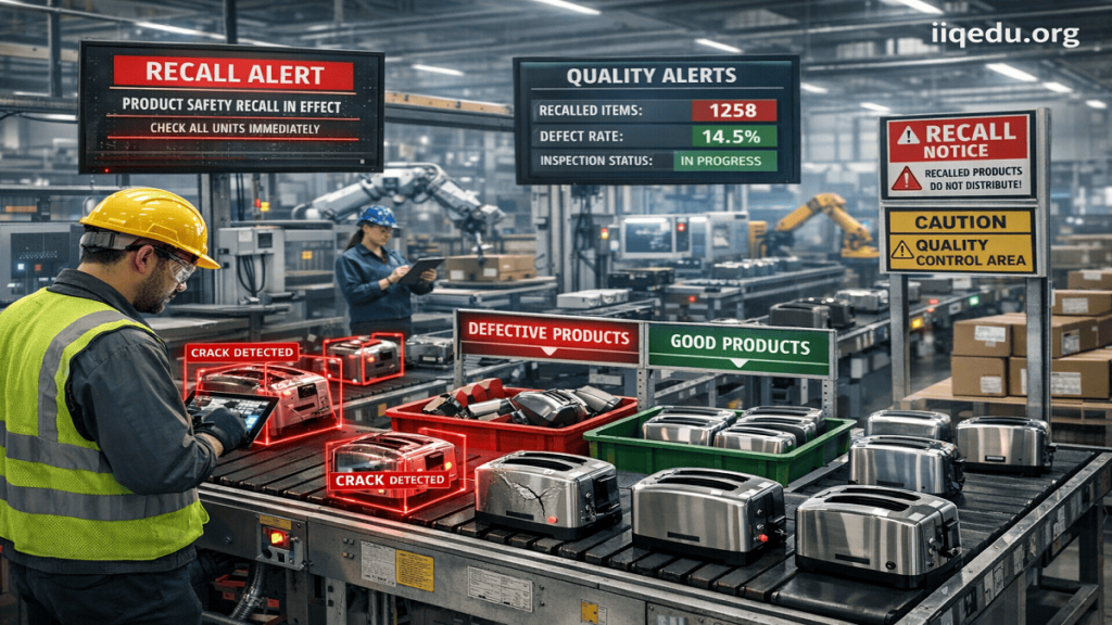 "Product recall and quality failure process with defective items separated, digital alerts shown, and watermark 'iiqedu.org' in the top right corner."