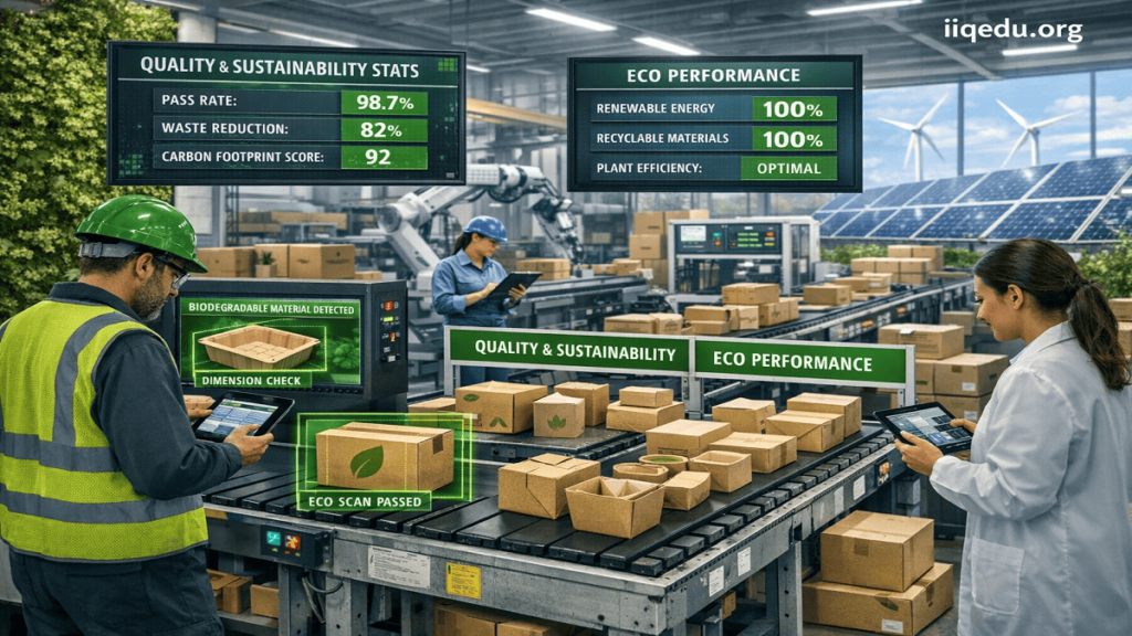 "Sustainable packaging production with AI quality inspection, eco-friendly materials, and digital dashboards, with watermark 'iiqedu.org' in the top right corner."