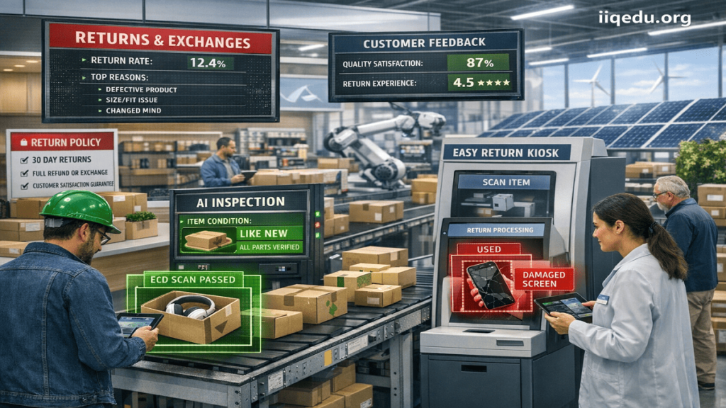 "Retail and e-commerce return process with AI quality analysis, customer service, and digital dashboards, with watermark 'iiqedu.org' in the top right corner."