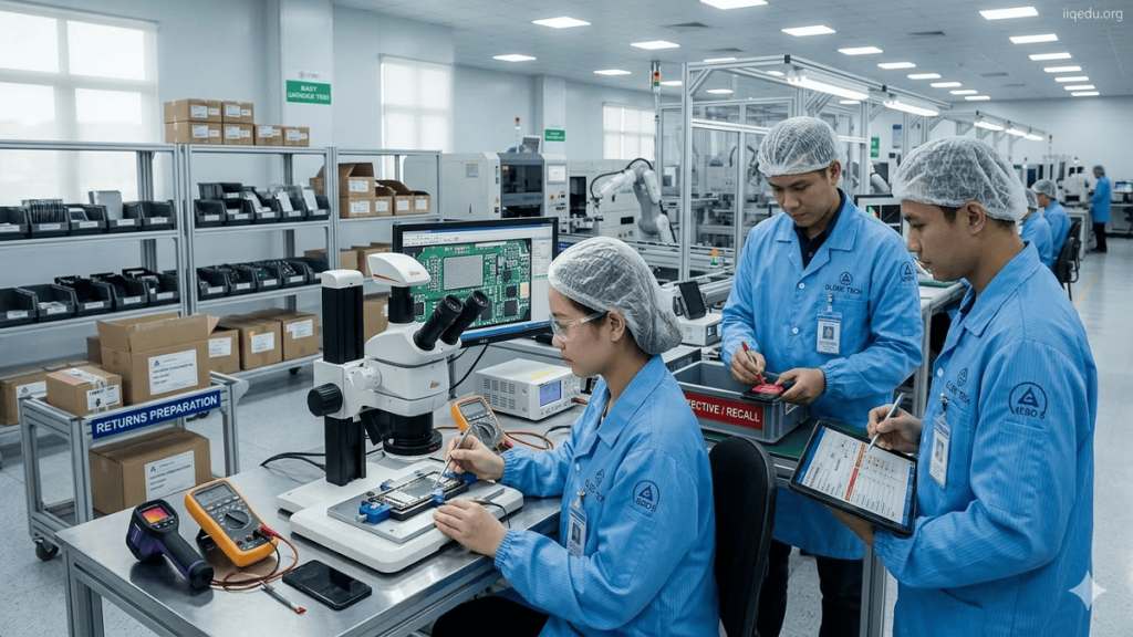 product recalls & quality failures, Employees inspecting and handling defective products in a modern warehouse or manufacturing facility with a subtle “iiqedu.org” watermark in the top-right corner. product recalls & quality failures