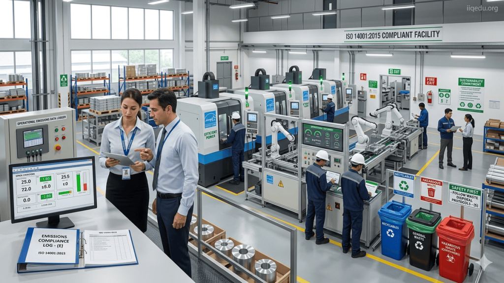 ISO 14001 & Environmental Audits. Manufacturing plant with auditors reviewing emissions data, employees monitoring waste management, and energy-efficient machinery, watermark ‘iiqedu.org’ in the top-right corner