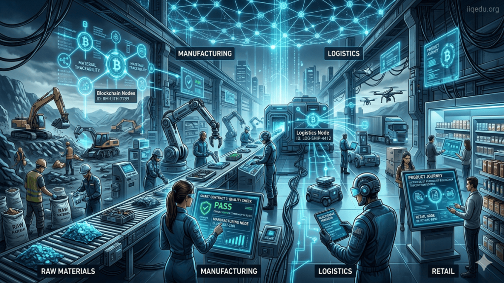 Finished product with a digital QR code linked to a blockchain ledger, showing holographic overlays of verification data, supply chain nodes, and smart contract automation.