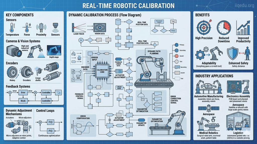 Infographic showing real-time robotics calibration with sensors, cameras, encoders, feedback systems, dynamic adjustments, and control loops, highlighting benefits and industry applications.
