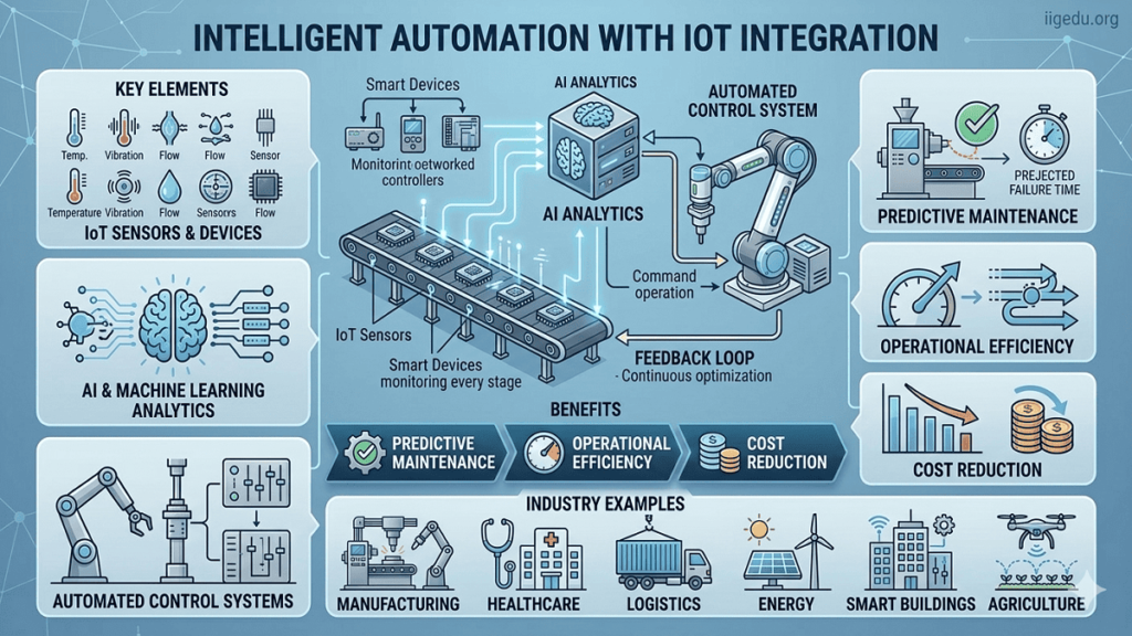 Infographic showing intelligent automation with IoT integration, highlighting IoT sensors, AI analytics, automated systems, and industry applications in manufacturing, healthcare, logistics, energy, smart buildings, and agriculture.