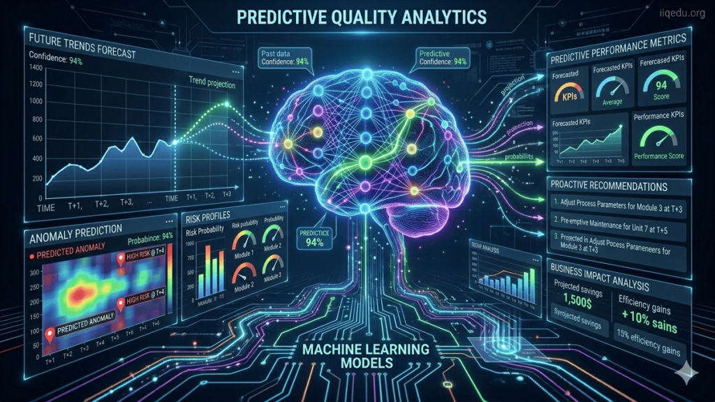 AI-driven predictive analytics system forecasting quality trends using data dashboards, machine learning models, and future projections of defects and performance.