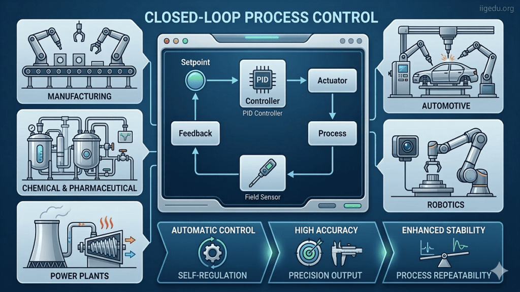 Infographic explaining closed-loop process control with industrial applications in manufacturing, chemical, power plants, automotive, and robotics with benefits like automatic control, high accuracy, and enhanced stability.
