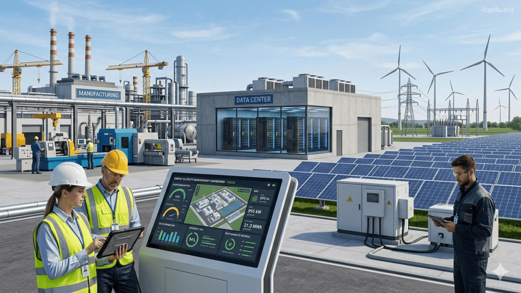 Energy & Utility Quality (ISO 50001). Diagram illustrating energy and utility management systems aligned with ISO 50001 standards, including efficiency, monitoring, and sustainability practices.