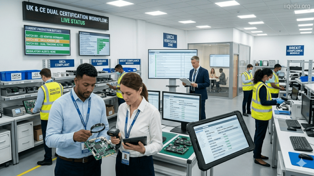 Staff inspecting products and monitoring compliance dashboards to ensure UKCA and CE certifications in a UK manufacturing facility.