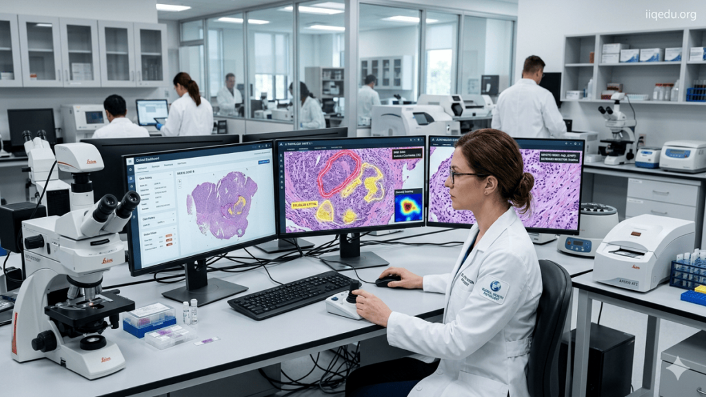 Pathologist reviewing high-resolution digital slides with AI-assisted software highlighting tissue features in a modern hospital lab.
