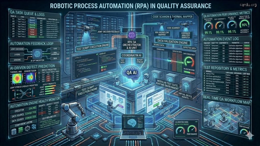 Robotic process automation system executing QA tasks, with bots handling test cases, data validation, and workflows across digital interfaces.