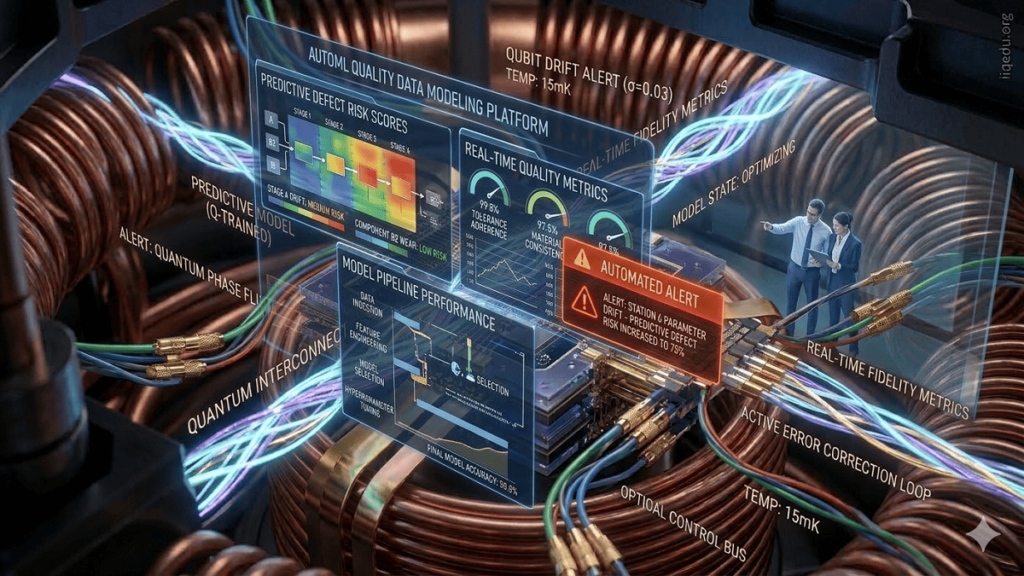 AutoML for quality data modeling dashboard showing predictive analytics, defect risk scores, and real-time quality metrics in a manufacturing environment.