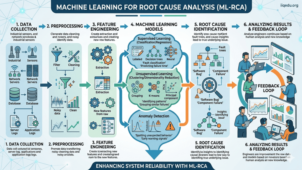 Infographic showing the workflow of Machine Learning for Root Cause Analysis, from data collection to ML models and root cause identification, with iiqedu.org watermark in the top-right corner.