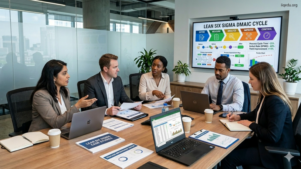 A corporate business presentation on Lean Six Sigma case studies in a professional conference room. One presenter stands in front of a screen displaying process improvement workflows, Lean tools, and Six Sigma KPIs. Four to five audience members are seated, taking notes and paying attention. Modern furniture, polished setting, realistic lighting, watermark “iiqedu.org” in the top-right corner.