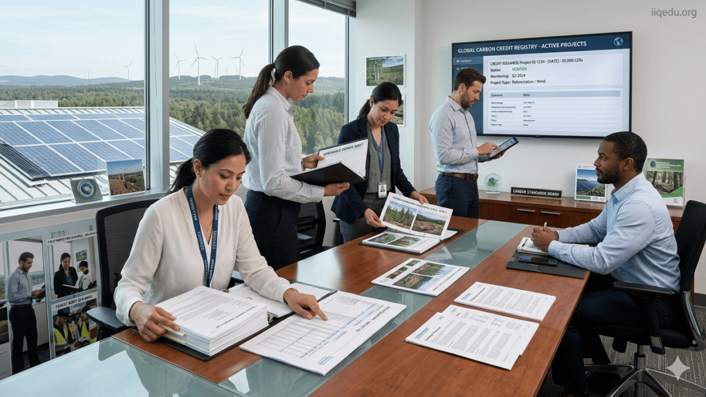 Quality in Carbon Credits. Corporate team reviewing high-quality carbon credit projects, including auditors inspecting renewable energy and reforestation sites, and employees monitoring verification reports.