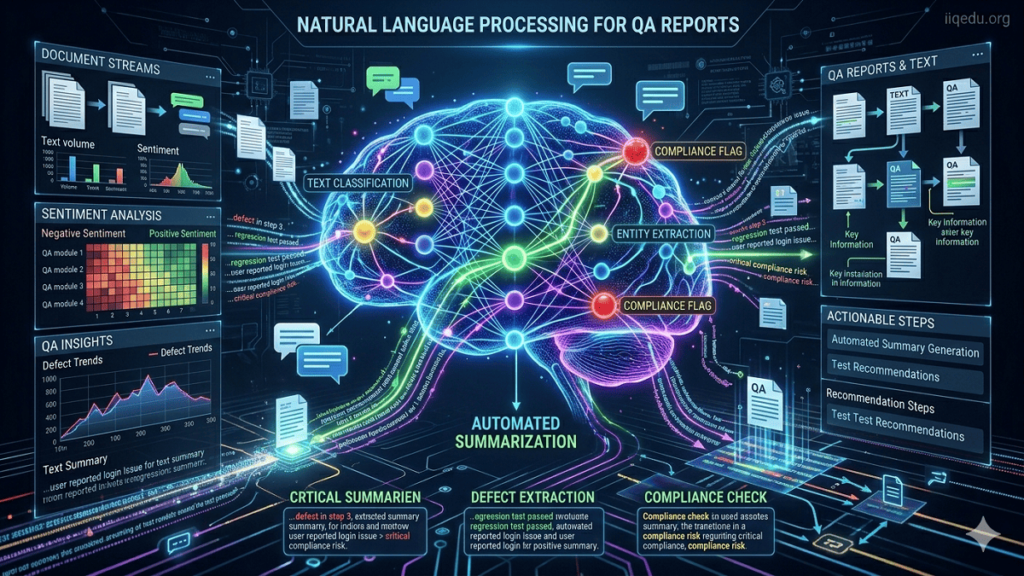 Natural language processing system analyzing QA reports, extracting insights from text data with AI models, dashboards, and highlighted quality issues.