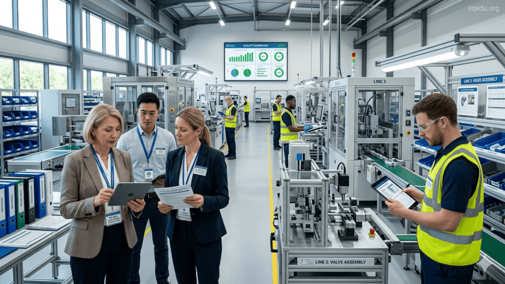 Auditors reviewing documentation and inspecting production lines in a manufacturing facility during an ISO 9001 standards update audit.