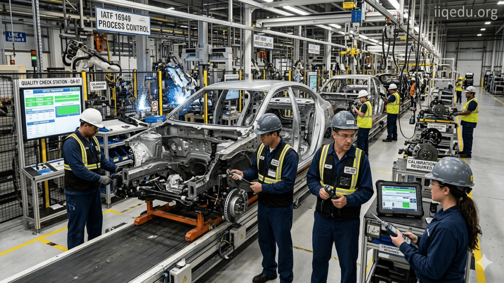 Quality in Automotive (IATF 16949). This visual shows engineers in safety gear inspecting automotive components on an advanced assembly line. It emphasizes IATF 16949 practices including standardized procedures, process monitoring, risk mitigation, and defect prevention.. Auditors inspecting automotive parts at a supplier facility, reviewing documents and monitoring production for IATF 16949 compliance.