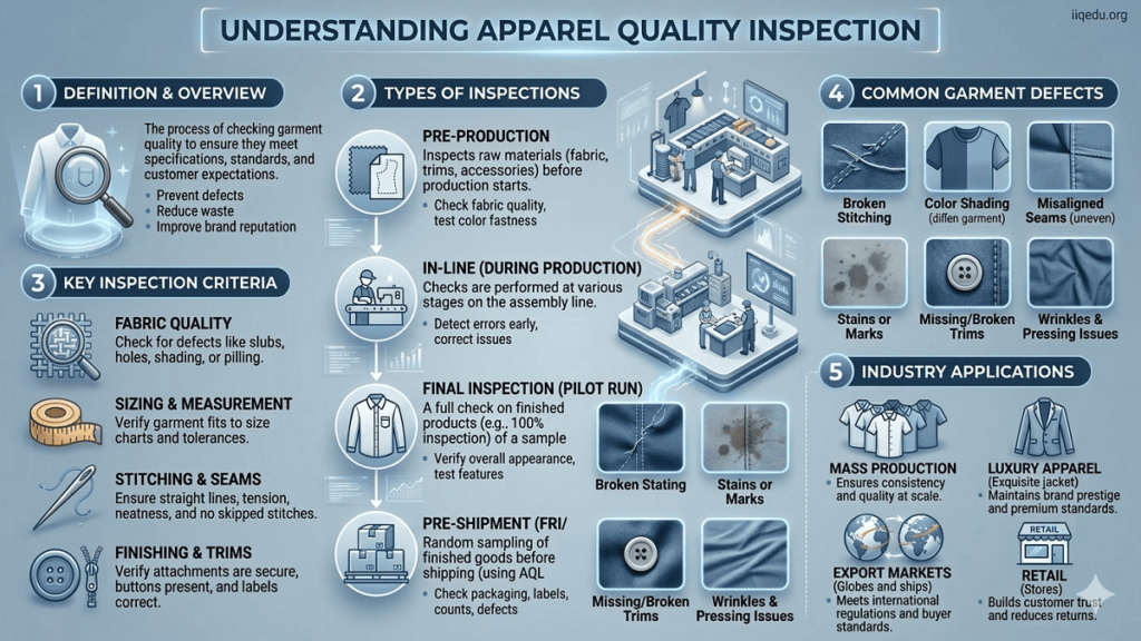 Infographic showing Apparel Quality Inspection process, types of inspections, key criteria, common defects, and industry applications, with a watermark “iiqedu.org” in the top right corner.